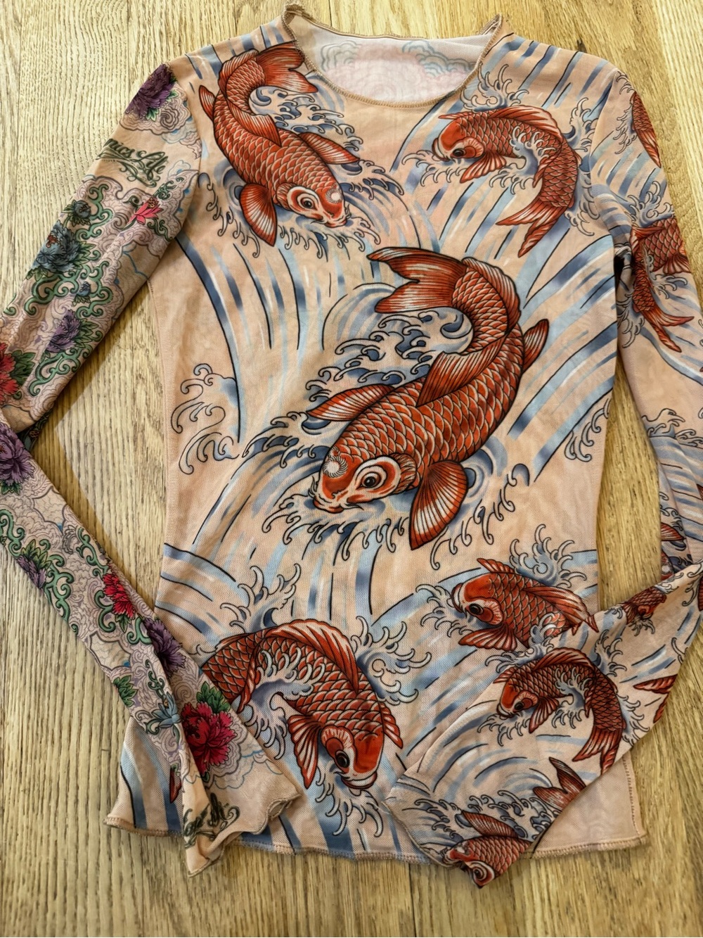 miami ink Koi y2k mesh tattoo Fish Print Top - Orange & Blue